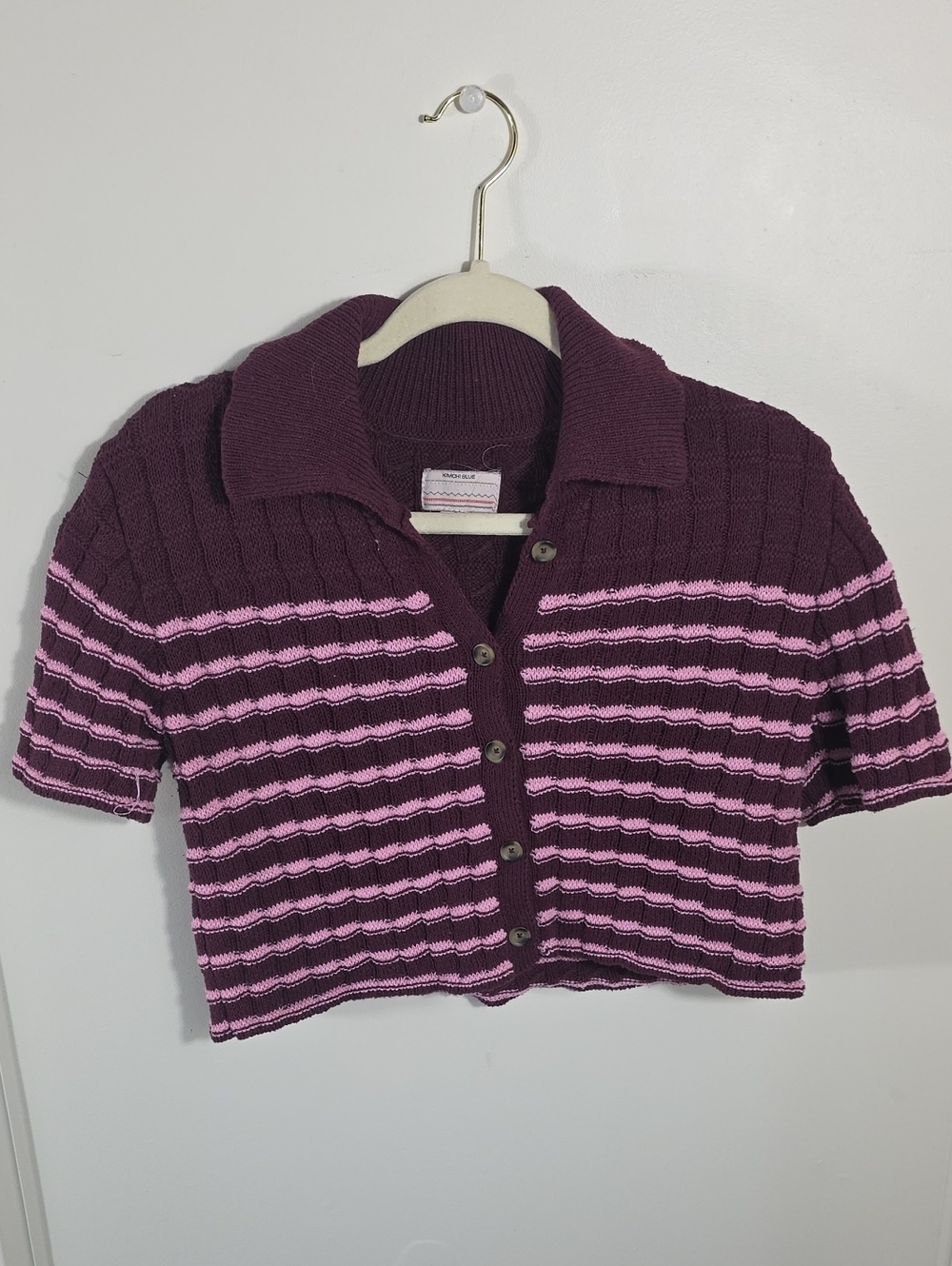 Kimchi Blue Plum Cropped V-Neck Sweater with Pink Stripes